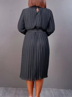 Women's Work Dress Casual Dress Black Dress Fashion Office Daily Workfashion Midi Dress Lace Up Pleated Crew Neck Long Sleeve Plain Regular Fit Black White Red Fall Winter S M L XL XXL -Party Prom Dresses Sales Store weuvmf1695645185302