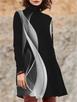 Women's Work Dress Casual Dress Swing Dress Fashion Winter Dress Daily Mini Dress Print Turtleneck Long Sleeve Floral Geometric Regular Fit Black Blue Purple Fall Winter S M L XL XXL -Party Prom Dresses Sales Store wevazn1694151642951