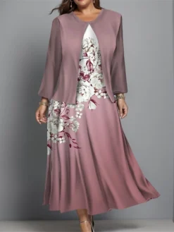 Women's Plus Size Two Piece Dress Set Casual Dress Swing Dress Outdoor Office Fashion Streetwear Print Midi Dress Crew Neck Long Sleeve Floral Ombre Regular Fit Blue Purple Green Fall Winter L XL XXL -Party Prom Dresses Sales Store wfcgzo1697444370253