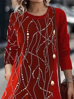 Women's Party Dress Velvet Dress Cocktail Dress Midi Dress Burgundy Long Sleeve Geometric Patchwork Spring Fall Winter Crew Neck Fashion Winter Dress Office Christmas 2023 S M L XL XXL 3XL -Party Prom Dresses Sales Store wfdewo1697441493942