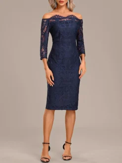 Women's Two Piece Dress Set Party Dress Lace Dress Party Outdoor Fashion Streetwear Lace Midi Dress Off Shoulder Long Sleeve Plain Regular Fit Navy Blue Fall Winter S M L XL XXL -Party Prom Dresses Sales Store wffebb1697450717043