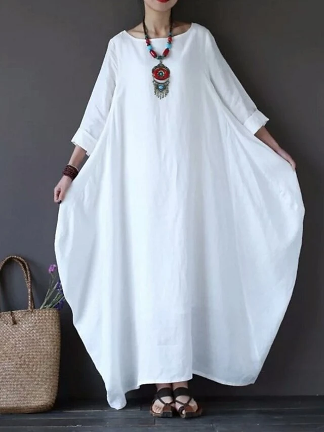Women‘s Cotton Linen Dress Caftan Dress Shift Dress Long Dress Maxi Dress Green Red Light Blue White Black 3/4 Length Sleeve Pure Color Pocket Spring Summer Fall Boat Neck Basic Casual Loose Fit 2023 2 Women‘s Cotton Linen Dress Caftan Dress Shift Dress Long Dress Maxi Dress Green Red Light Blue White Black 3/4 Length Sleeve Pure Color Pocket Spring Summer Fall Boat Neck Basic Casual Loose Fit 2023 - Image 2