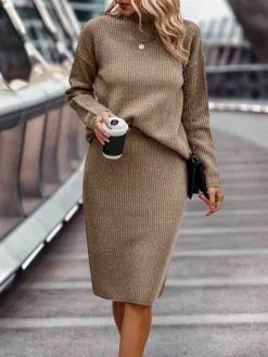 Women's Two Piece Dress Set Casual Dress Skirt Set Outdoor Daily Fashion Streetwear Ribbed Midi Dress Stand Collar Long Sleeve Plain Loose Fit Khaki Gray Fall Winter S M L XL XXL 10 Women's Two Piece Dress Set Casual Dress Skirt Set Outdoor Daily Fashion Streetwear Ribbed Midi Dress Stand Collar Long Sleeve Plain Loose Fit Khaki Gray Fall Winter S M L XL XXL -Party Prom Dresses Sales Store wfrsxb1693534953288