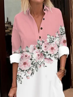 Women's Shirt Dress Casual Dress Cotton Linen Dress Midi Dress Polyester Fashion Casual Daily Outdoor Daily Vacation Shirt Collar Button Pocket 3/4 Length Sleeve Spring Fall Autumn 2023 Loose Fit Pink -Party Prom Dresses Sales Store wfytyv1693904110340