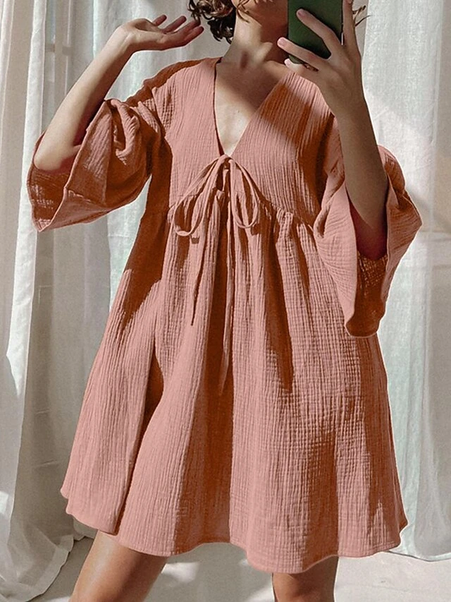 Women's Casual Dress Cotton Dress Swing Dress Mini Dress Cotton Fashion Modern Outdoor Daily Holiday V Neck Lace Up Ruched 3/4 Length Sleeve Fall Winter Autumn 2023 Loose Fit Light Green Blue Purple 10 Women's Casual Dress Cotton Dress Swing Dress Mini Dress Cotton Fashion Modern Outdoor Daily Holiday V Neck Lace Up Ruched 3/4 Length Sleeve Fall Winter Autumn 2023 Loose Fit Light Green Blue Purple - Image 10