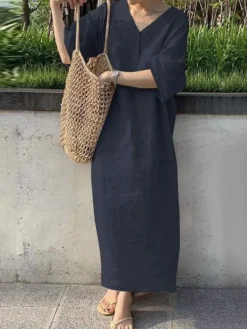 Women's Cotton Linen Dress Casual Dress Shift Dress Maxi Long Dress Cotton Blend Fashion Casual Outdoor Daily V Neck Button Short Sleeve Summer Spring 2023 Loose Fit Navy Blue Orange Green Pure Color -Party Prom Dresses Sales Store wgkizj1678778328474