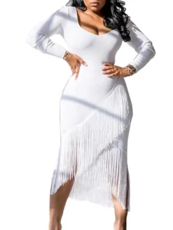 Women‘s Party Dress Wedding Guest Dress Fringe Dress Bodycon Midi Dress Black White Red Long Sleeve Pure Color Tassel Fringe Spring Fall Winter V Neck Fashion Winter Dress Vacation 2022 S M L XL XXL -Party Prom Dresses Sales Store wgthgp1640250275562