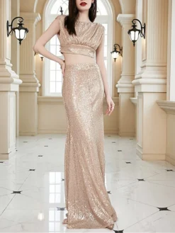 Women's Two Piece Dress Set Party Dress Skirt Set Party Wedding Guest Fashion Elegant Sequin Long Dress Maxi Dress Crew Neck Sleeveless Plain Regular Fit Apricot Summer Spring S M L XL -Party Prom Dresses Sales Store wgytkz1690274868990