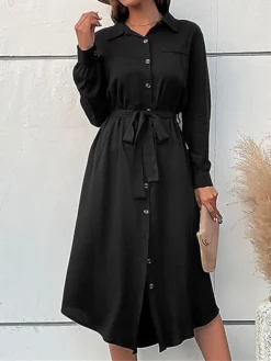 Women's Work Dress Casual Dress Black Dress Fashion Office Daily Workfashion Midi Dress Lace Up Button Shirt Collar Long Sleeve Plain Loose Fit Black Fall Winter S M L XL -Party Prom Dresses Sales Store whzdyv1695105090664