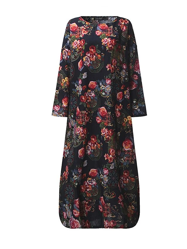 Women's Casual Dress Cotton Linen Dress Loose Dress Maxi Long Dress Linen / Cotton Blend Daily Stylish Outdoor Daily Vacation Crew Neck Print Long Sleeve Spring Fall Winter 2023 Loose Fit Wine Red 3 Women's Casual Dress Cotton Linen Dress Loose Dress Maxi Long Dress Linen / Cotton Blend Daily Stylish Outdoor Daily Vacation Crew Neck Print Long Sleeve Spring Fall Winter 2023 Loose Fit Wine Red - Image 3