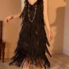 Women‘s Retro 1920s Fringe Dress Black Dress Midi Dress Party Cocktail Party Sequins Tassel Fringe Plain Spaghetti Strap Sleeveless Regular Fit Summer Spring 2023 Red XS S M L