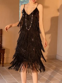 Women‘s Retro 1920s Fringe Dress Black Dress Midi Dress Party Cocktail Party Sequins Tassel Fringe Plain Spaghetti Strap Sleeveless Regular Fit Summer Spring 2023 Red XS S M L