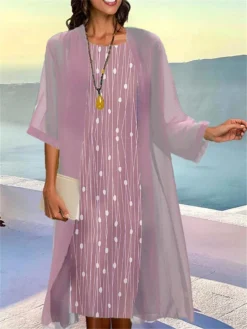 Women's Two Piece Dress Set Casual Dress Print Dress Outdoor Daily Fashion Elegant Print Midi Dress Crew Neck 3/4 Length Sleeve Geometry Regular Fit Pink Blue Gray Summer Spring S M L XL XXL -Party Prom Dresses Sales Store wjngxz1681958112710