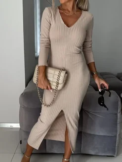 Women's Sweater Dress Jumper Dress Casual Dress Midi Dress Fashion Plain Outdoor Daily Vacation Going Out V Neck Long Sleeve 2023 Regular Fit Black Green Khaki S M L XL XXL