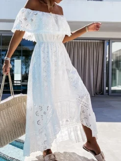 Women's Party Dress Casual Dress Swing Dress Long Dress Maxi Dress White Short Sleeve Pure Color Lace Summer Spring Off Shoulder Vacation 2023 S M L XL -Party Prom Dresses Sales Store wjwqyh1642500734449