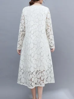 Women's Work Dress Lace Dress Black Dress Fashion Midi Dress Lace Crew Neck Long Sleeve Plain Loose Fit Black White Pink Fall Winter M L XL XXL 3XL -Party Prom Dresses Sales Store wjzfjv1693300594072