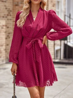 Women's Work Dress Casual Dress Sheath Dress Fashion Office Daily Workfashion Mini Dress Lace Up Ruched V Neck Long Sleeve Plain Loose Fit Black Wine Apricot Fall Winter S M L XL -Party Prom Dresses Sales Store wksbcf1695363030582