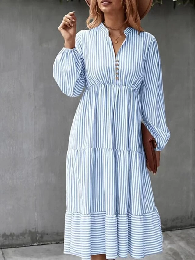 Women's Casual Dress Cotton Linen Dress Swing Dress Midi Dress Polyester Fashion Modern Outdoor Daily Vacation Split Neck Ruffle Button Long Sleeve Fall Winter Autumn 2023 Regular Fit Light Green 3 Women's Casual Dress Cotton Linen Dress Swing Dress Midi Dress Polyester Fashion Modern Outdoor Daily Vacation Split Neck Ruffle Button Long Sleeve Fall Winter Autumn 2023 Regular Fit Light Green - Image 3
