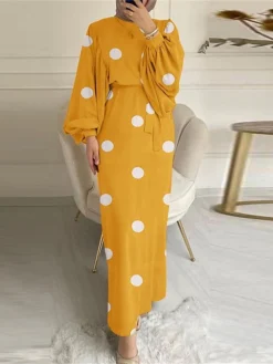 Women's Work Dress Sheath Dress Semi Formal Dress Fashion Long Dress Maxi Dress Lace Up Print Crew Neck Long Sleeve Polka Dot Loose Fit Black Yellow Red Fall Winter S M L XL XXL