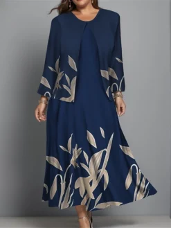 Women's Plus Size Two Piece Dress Set Casual Dress Swing Dress Outdoor Office Fashion Streetwear Print Midi Dress Crew Neck Long Sleeve Floral Regular Fit Burgundy Navy Blue Blue Fall Winter L XL XXL -Party Prom Dresses Sales Store wllzpi1697003813233