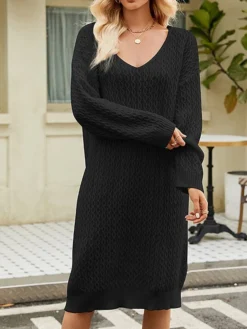 Women's Sweater Dress Winter Dress Jumper Dress Midi Dress Split Daily Date Going Out Active Fashion V Neck Long Sleeve 2023 Loose Fit Black White Camel Color S M L XL XXL Size -Party Prom Dresses Sales Store wlngwc1692858981409