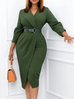 Women's Work Dress Casual Dress Sheath Dress Fashion Office Daily Workfashion Midi Dress Lace Up Ruched V Neck Long Sleeve Plain Regular Fit Red Green Dark Blue Fall Winter S M L XL XXL -Party Prom Dresses Sales Store wlpznx1695645165942