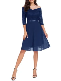 Women's Party Dress Lace Dress Cocktail Dress Midi Dress Black Wine Navy Blue 3/4 Length Sleeve Pure Color Lace Spring Fall Winter Crew Neck Fashion Winter Dress Wedding Guest Vacation 2023 S M L XL -Party Prom Dresses Sales Store wlvjrq1692179551686