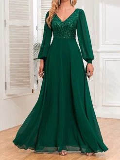 Women's Prom Dress Party Dress Sequin Dress Long Dress Maxi Dress Green Long Sleeve Pure Color Sequins Fall Winter Autumn V Neck Fashion Wedding Guest Birthday Evening Party 2023 S M L XL -Party Prom Dresses Sales Store wlvnbr1696567367085