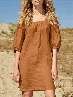 Women's Casual Dress Cotton Linen Dress Shift Dress Mini Dress Cotton Fashion Modern Outdoor Daily Vacation Square Neck Puff Sleeve Basic Half Sleeve Summer Spring Fall 2023 Regular Fit Blue Brown -Party Prom Dresses Sales Store wlyisr1691144061814