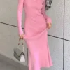 Women's Sweater Dress Jumper Dress Casual Dress Midi Dress Fashion Pure Color Outdoor Daily Vacation Going Out V Neck Long Sleeve Patchwork 2023 Regular Fit Black Pink Blue S M