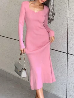 Women's Sweater Dress Jumper Dress Casual Dress Midi Dress Fashion Pure Color Outdoor Daily Vacation Going Out V Neck Long Sleeve Patchwork 2023 Regular Fit Black Pink Blue S M