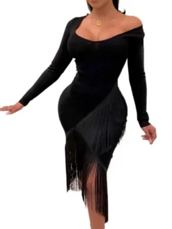 Women‘s Party Dress Wedding Guest Dress Fringe Dress Bodycon Midi Dress Black White Red Long Sleeve Pure Color Tassel Fringe Spring Fall Winter V Neck Fashion Winter Dress Vacation 2022 S M L XL XXL -Party Prom Dresses Sales Store wmogeo1640250274776