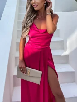 Women's Prom Dress Party Dress Satin Dress Pink Dress Long Dress Maxi Dress Fuchsia Khaki Sleeveless Pure Color Backless Summer Spring Fall Spaghetti Strap Fashion Birthday Evening Wedding Guest 2023 -Party Prom Dresses Sales Store wmpluz1663237139631