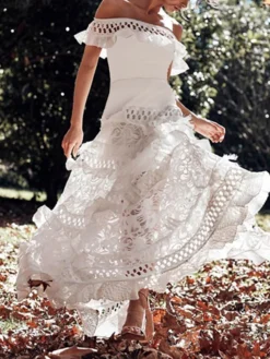 Women's A Line Dress Maxi Long Dress White Black Short Sleeve Solid Color Ruffle Spring Summer Off Shoulder Party Hot Romantic 2021 S M L XL -Party Prom Dresses Sales Store wmvnen1697527427182