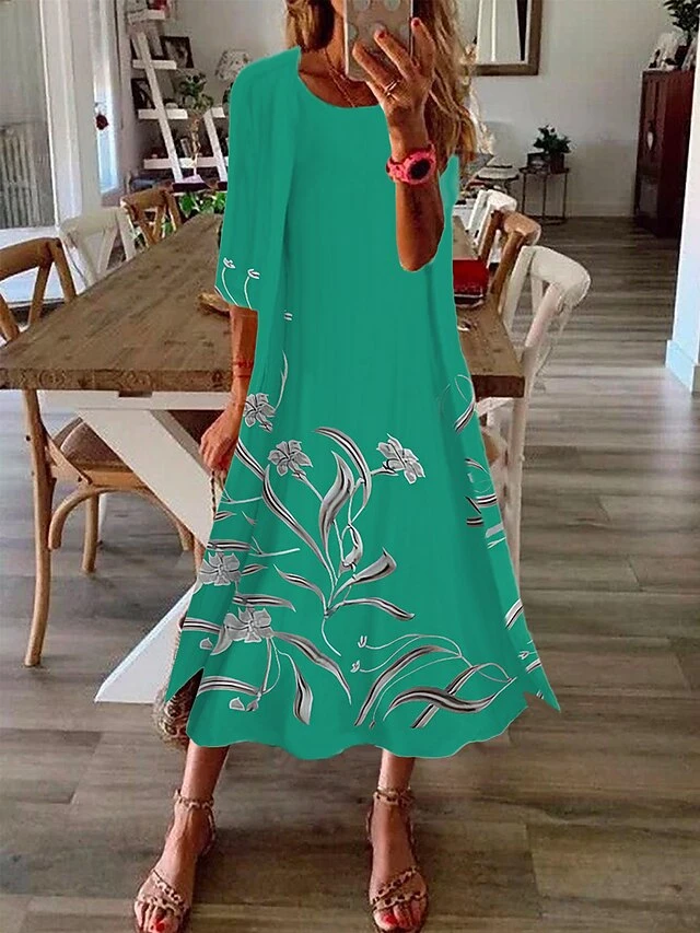 Women's Two Piece Dress Set Casual Dress Print Dress Outdoor Daily Fashion Elegant Print Midi Dress Crew Neck 3/4 Length Sleeve Floral Regular Fit Wine Blue Purple Summer Spring S M L XL XXL 2 Women's Two Piece Dress Set Casual Dress Print Dress Outdoor Daily Fashion Elegant Print Midi Dress Crew Neck 3/4 Length Sleeve Floral Regular Fit Wine Blue Purple Summer Spring S M L XL XXL - Image 2