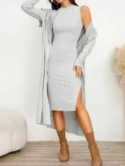 Women's Two Piece Dress Set Casual Dress Sheath Dress Home Daily Fashion Streetwear Split Midi Dress Stand Collar Long Sleeve Plain Slim Black Army Green Gray Fall Winter S M L XL XXL -Party Prom Dresses Sales Store wnpwrl1695813697860