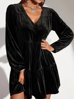 Women's Party Dress Velvet Dress Wedding Guest Dress Mini Dress Black Long Sleeve Pure Color Ruched Spring Fall Winter V Neck Fashion Winter Dress Evening Party Wedding Guest 2023 S M L
