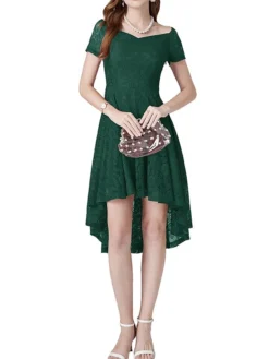 Women‘s Christmas Party Dress Lace Dress Cocktail Dress Midi Dress Black Pink Wine Short Sleeve Pure Color Lace Spring Fall Winter Square Neck Fashion Winter Dress Wedding Guest Vacation 2023 -Party Prom Dresses Sales Store wodknu1692180489976