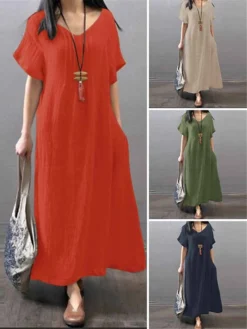 Women's Casual Dress Cotton Linen Dress A Line Dress Maxi Long Dress Cotton And Linen Basic Casual Outdoor Daily V Neck Pocket Short Sleeve Summer Spring 2023 Loose Fit ArmyGreen Navy Blue Orange