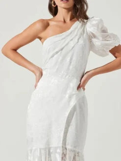 Women's Party Dress Lace Dress Wedding Guest Dress Midi Dress White Short Sleeve Pure Color Lace Spring Fall Winter One Shoulder Fashion Winter Dress Wedding Guest Evening Party 2023 S M L XL -Party Prom Dresses Sales Store wotmuy1697612530728