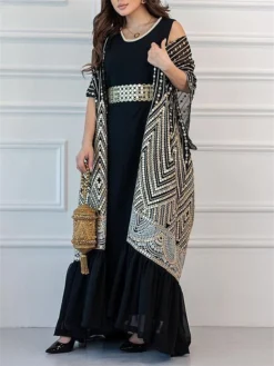 Women's Two Piece Dress Set Party Dress Sheath Dress Party Cocktail Party Fashion Party Lace Up Ruched Long Dress Maxi Dress Crew Neck Short Sleeve Print Loose Fit Black White Green Fall Winter S M L -Party Prom Dresses Sales Store wozxed1696691502254