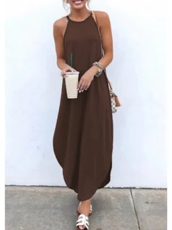 Women's Long Dress Maxi Dress Black Green Blue Sleeveless Pure Color Cold Shoulder Spring Summer Crew Neck Hot S M L XL XXL 3XL 4XL 5XL