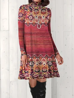 Women's Work Dress Casual Dress Mature Winter Dress Daily Mini Dress Print Turtleneck Long Sleeve Tribal Regular Fit Red Blue Green Fall Winter S M L XL XXL -Party Prom Dresses Sales Store wpxddt1694490797228