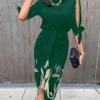 Women's Work Dress Sheath Dress Semi Formal Dress Fashion Midi Dress Cut Out Print Crew Neck Half Sleeve Floral Regular Fit Brown Green Summer Spring S M L XL XXL