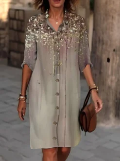 Women's Shirt Dress Casual Dress Cotton Linen Dress Midi Dress Polyester Fashion Casual Daily Outdoor Daily Vacation Shirt Collar Button Print Long Sleeve Summer Spring Fall 2023 Loose Fit Black