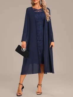 Women's Two Piece Dress Set Party Dress Lace Dress Party Outdoor Fashion Streetwear Lace Midi Dress Off Shoulder Long Sleeve Plain Regular Fit Navy Blue Fall Winter S M L XL XXL -Party Prom Dresses Sales Store wqopsy1697450717934