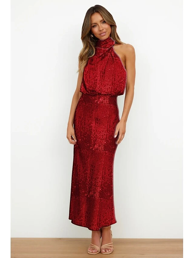Women's Sequin Dress Midi Dress Black Wine Red Sleeveless Pure Color Sequins Winter Autumn Halter Neck Party Birthday 2023 S M L XL 2 Women's Sequin Dress Midi Dress Black Wine Red Sleeveless Pure Color Sequins Winter Autumn Halter Neck Party Birthday 2023 S M L XL - Image 2