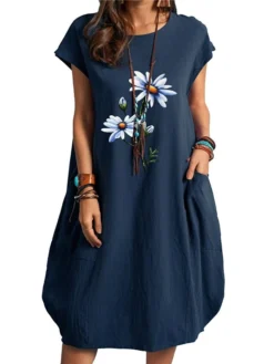 Women's Cotton Linen Dress Midi Dress Linen Cotton Blend Casual Outdoor Daily Vacation Crew Neck Pocket Rolled Cuff Short Sleeve Summer Spring 2023 Loose Fit Black White Navy Blue Floral S M L XL XXL -Party Prom Dresses Sales Store wsbnqy1654165015590