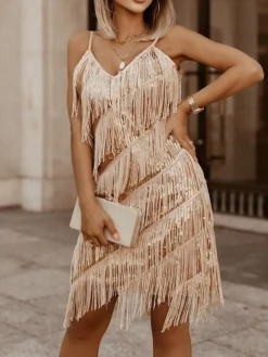 Women‘s Christmas Party Dress Fringe Dress Wedding Guest Dress Mini Dress Gold Sleeveless Pure Color Tassel Fringe Spring Fall Winter Spaghetti Strap Fashion Winter Dress Evening Party Wedding Guest