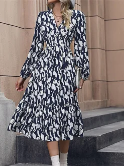Women's Work Dress Casual Dress Swing Dress Fashion Office Daily Workfashion Midi Dress Ruched Print V Neck Long Sleeve Print Loose Fit Blue Fall Winter S M L XL -Party Prom Dresses Sales Store wswhst1695096219237